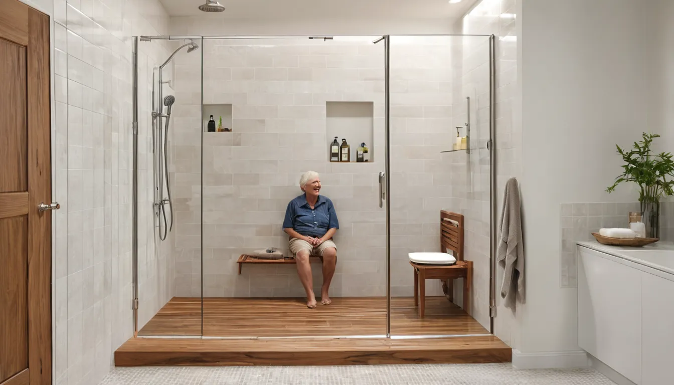 A bright, modern walk-in shower with a low threshold, grab bar, and fold-down seat in a New Haven home